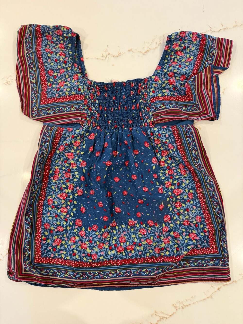 Lotus Smocked Boho Floral Border Print Top Blue Size L